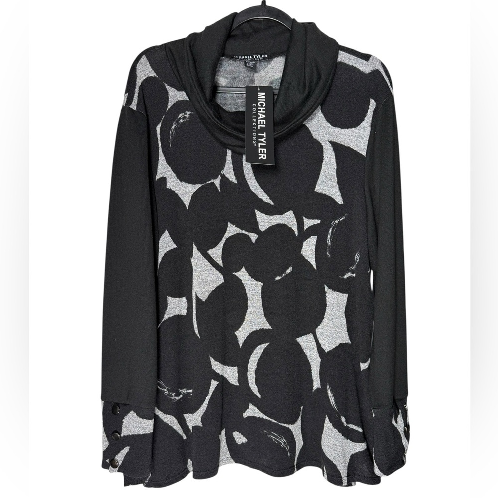 Michael Tyler XL Cowl Neck Tunic Abstract Print Artsy Minimalist Stretch Top NWT